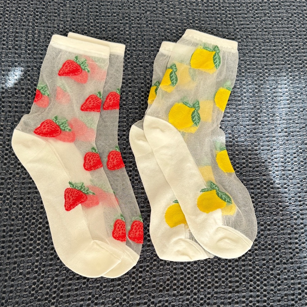 Sheer Fruit Embroidered Socks - Strawberry & Lemon - White